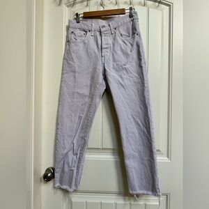 Levi’s 501 Lilac Cotton Denim Cropped Raw Cuff Jeans. Measures 30” by 25”